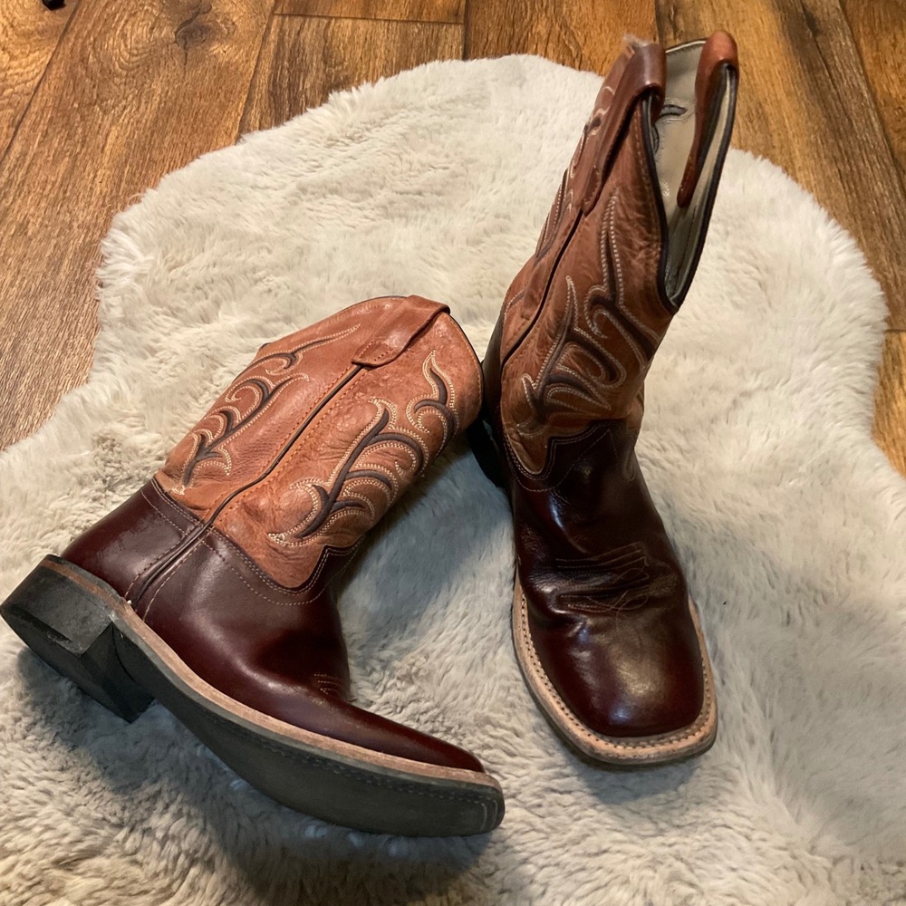 Old West Cowboy‎ Boots Size 3 BSC1859 Square Toe Brown Rust Top